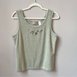 Vintage Dainty Floral Embroidered Top Women's Large Sage Green Beading 90s Sweet